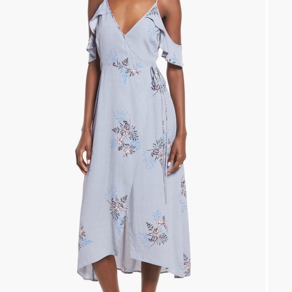 Astr Floral High Low Wrap Dress in Light Blue